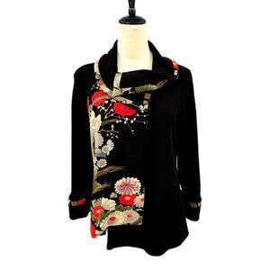 IC by Connie K Asian Garden Black Asymmetrical Floral Button Lightweight Jacket